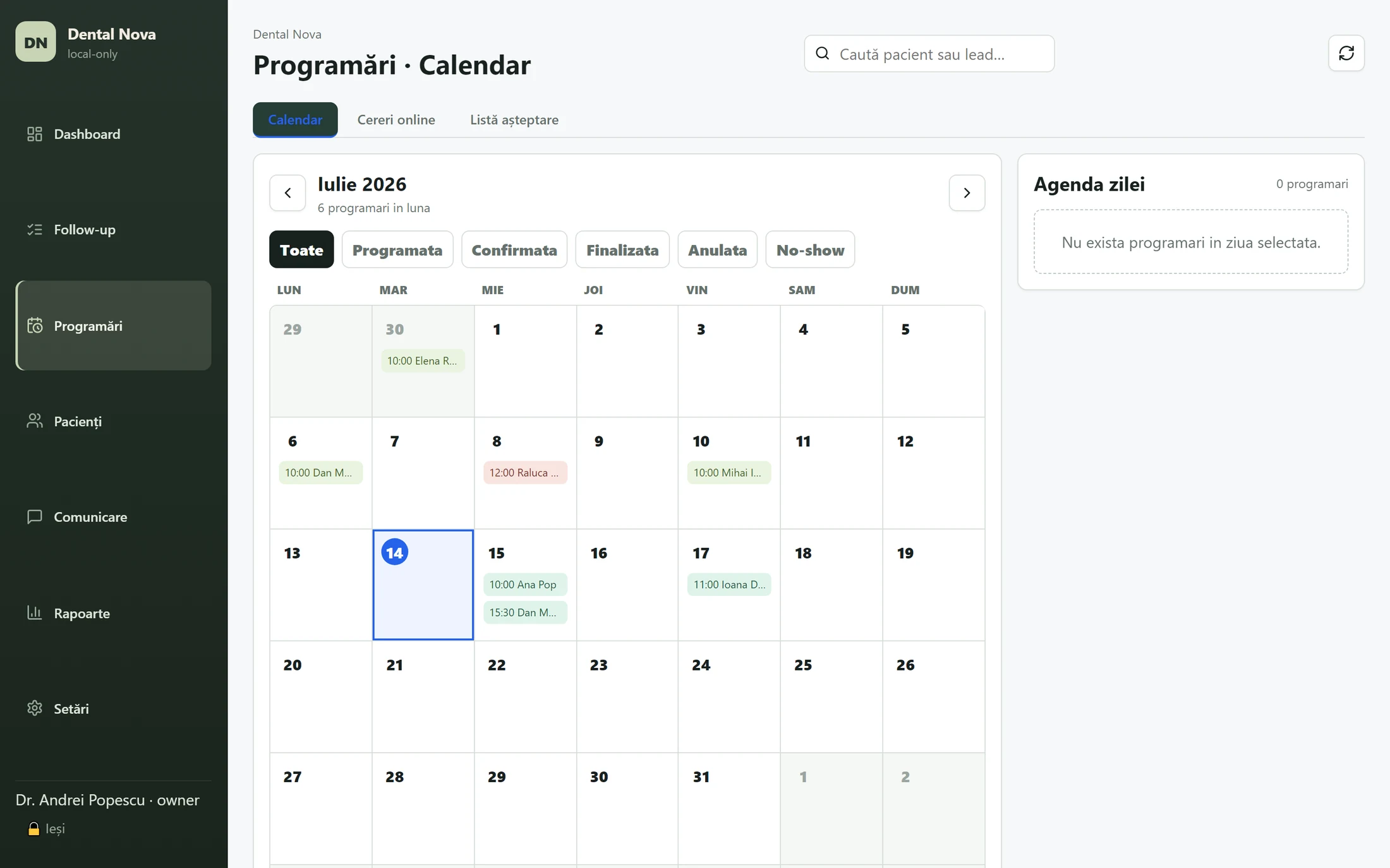Calendar de programări Perlato cu agenda zilei
