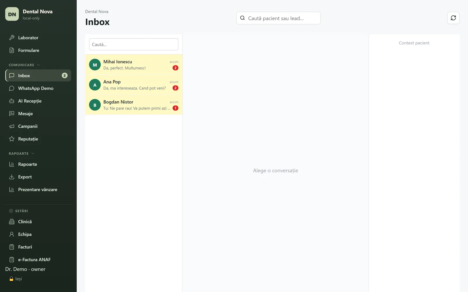 Inbox-ul WhatsApp din Perlato, cu conversațiile pacienților și șabloane de răspuns